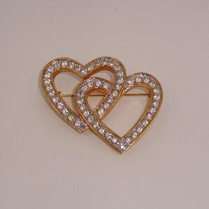 Vintage Roman Rhinestones Double Heart Brooch Clear Gold Tone Scarf Pin Marked